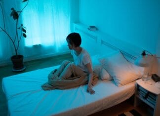 Kobieta siedząca na łóżku w ciemnym pokoju nocą